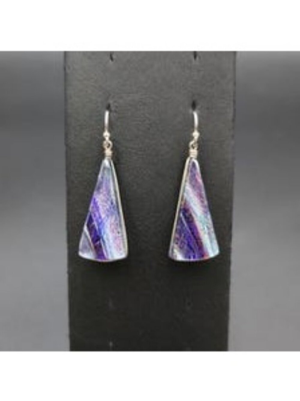 Sterling Silver Dichroic Glass Earrings - Purple Iridescent Triangle Dangles A82